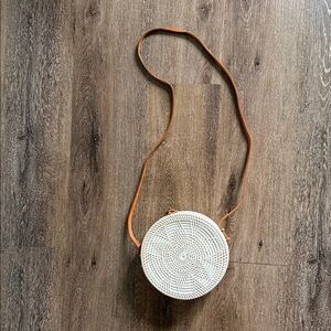 Round Woven Crossbody Bag - White and Tan